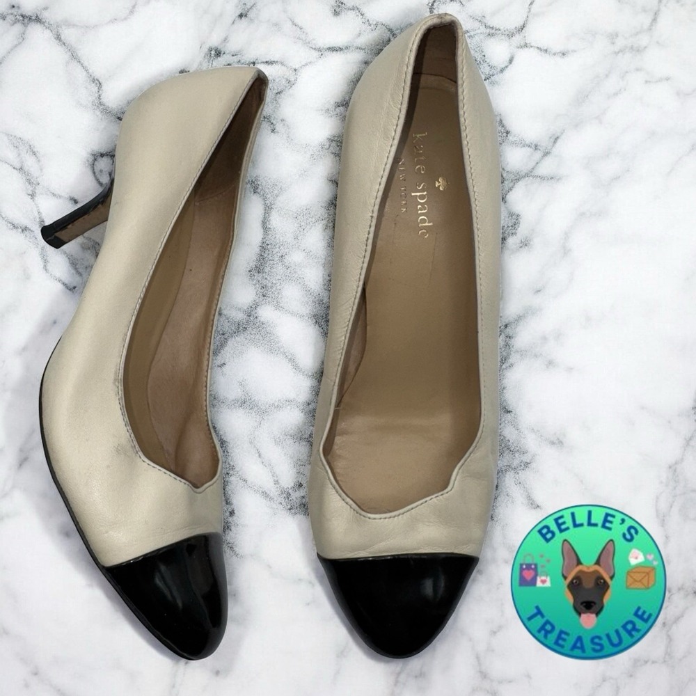 Kate Spade New York Pumps Women's 8 Ivory Black Leather Cap Toe Heels Old Money
